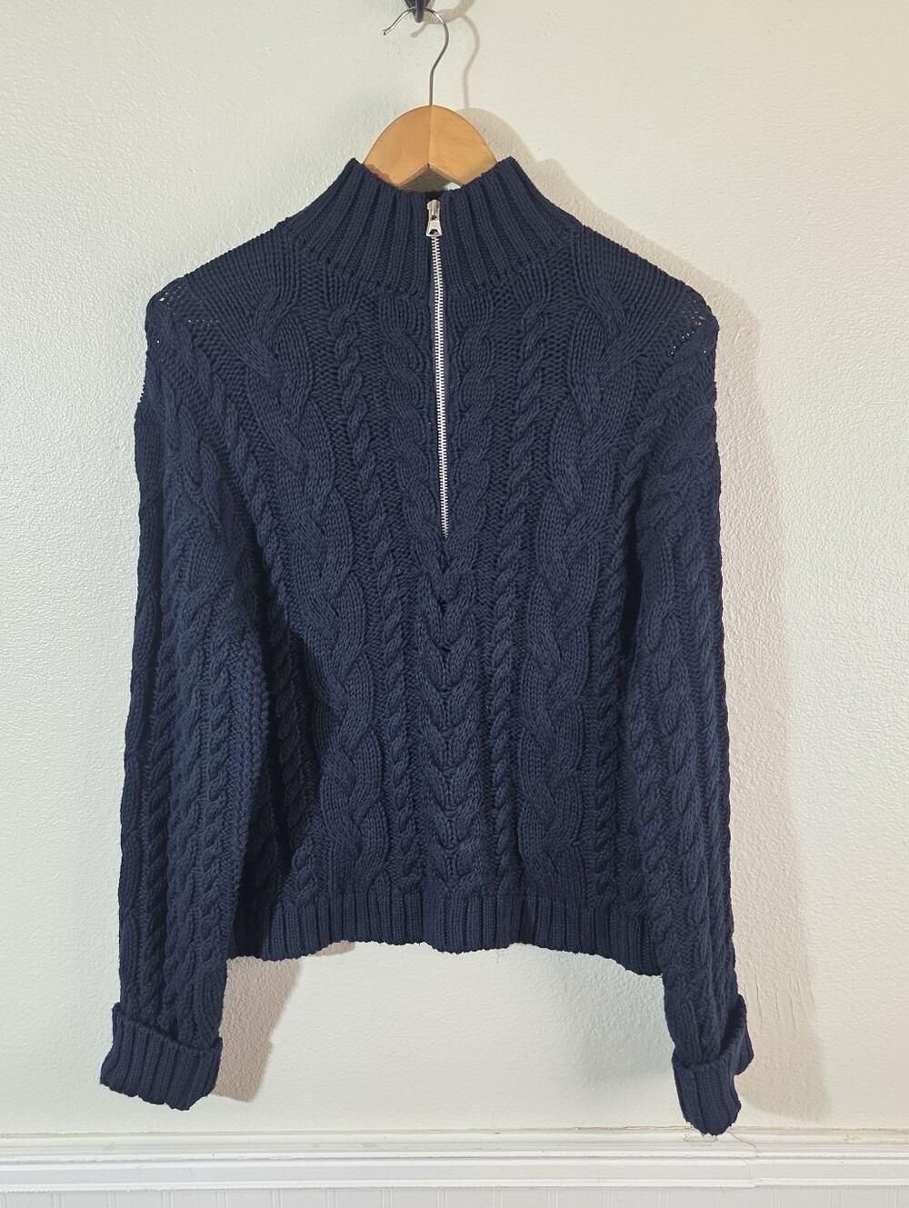 Jenni Kayne XS Navy Cable Knit Quarter Zip Sweater 100% Cotton Mock Neck Peru